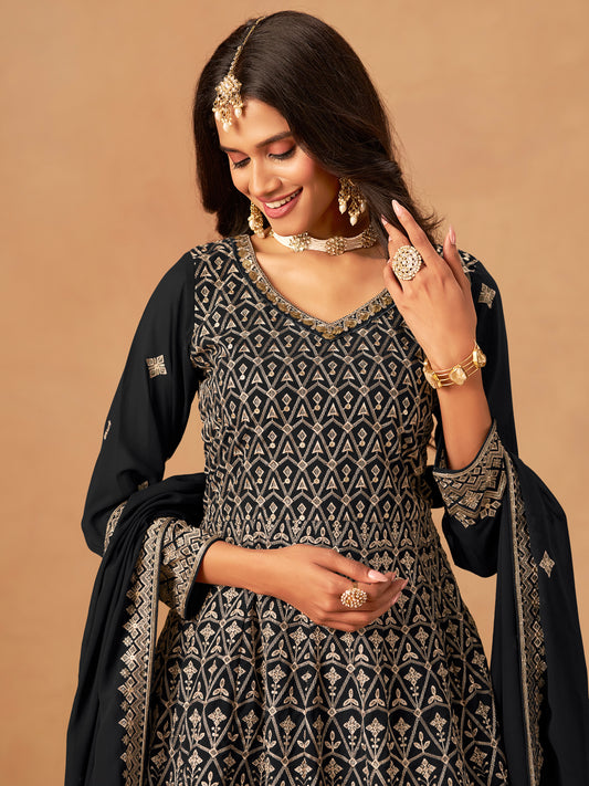 Black Embroidered Faux Georgette Trendy Palazzo Salwar Kameez