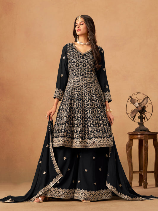 Black Embroidered Faux Georgette Trendy Palazzo Salwar Kameez