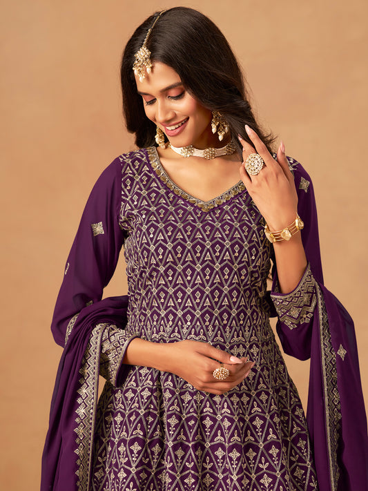 Purple Embroidered Faux Georgette Trendy Palazzo Salwar Kameez