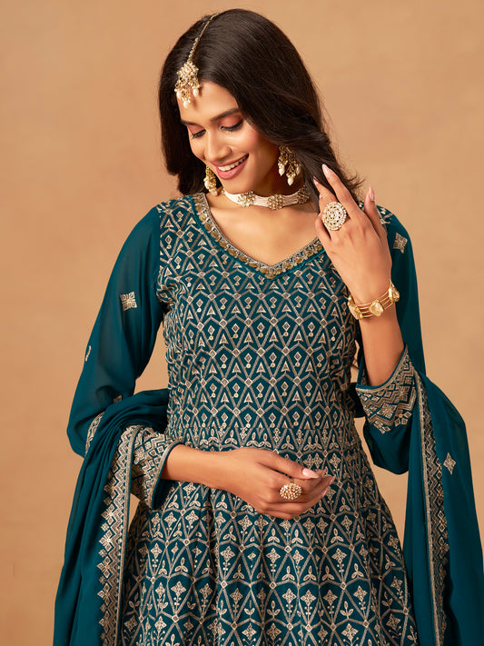 Teal Embroidered Faux Georgette Trendy Palazzo Salwar Kameez
