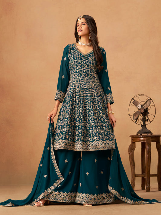 Teal Embroidered Faux Georgette Trendy Palazzo Salwar Kameez