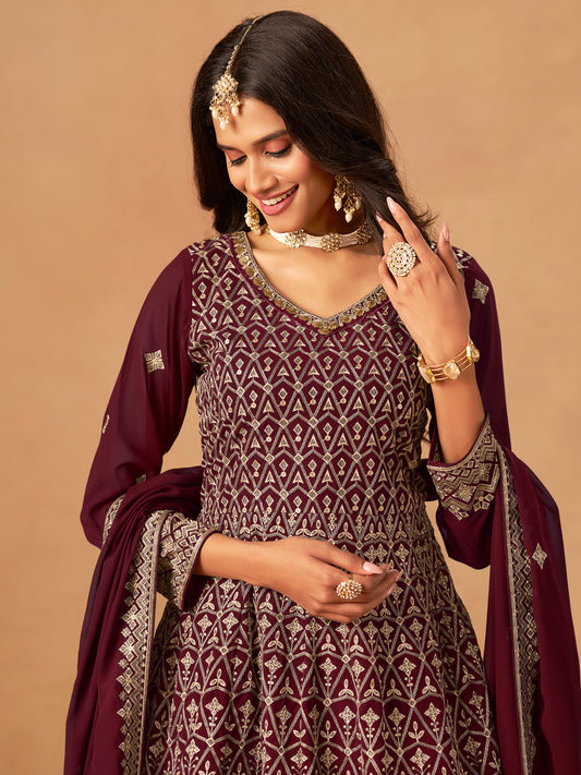 Maroon Embroidered Faux Georgette Trendy Palazzo Salwar Kameez
