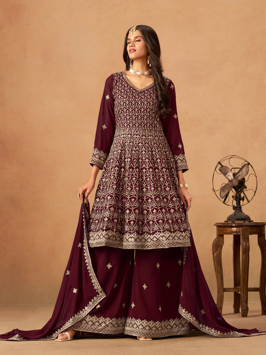 Maroon Embroidered Faux Georgette Trendy Palazzo Salwar Kameez