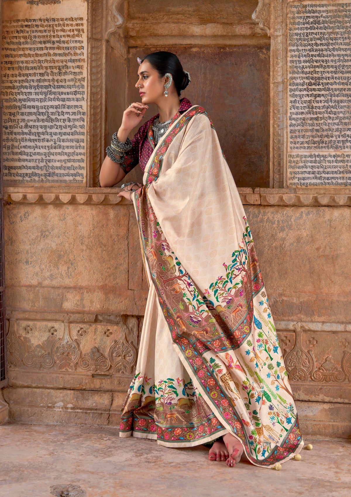 Luxury Print Silk Blend Reception Wear Saree in Cream