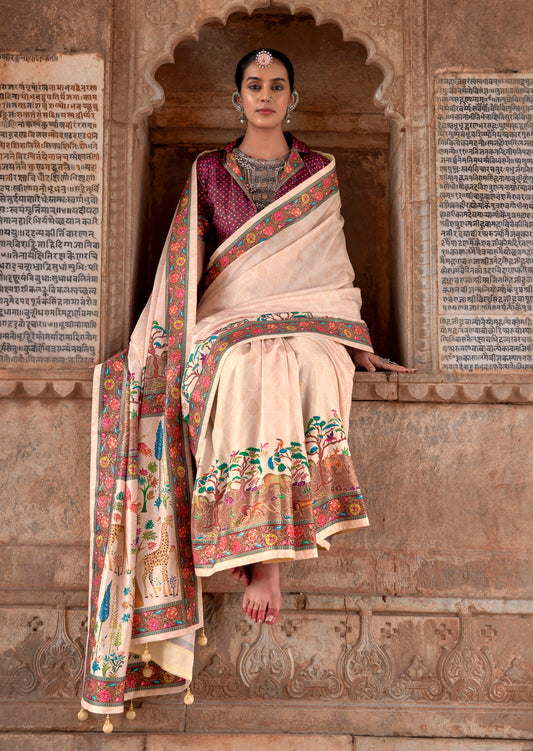 Luxury Print Silk Blend Reception Wear Saree in Cream