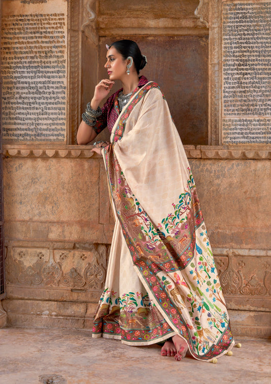 Luxury Print Silk Blend Reception Wear Saree in Cream