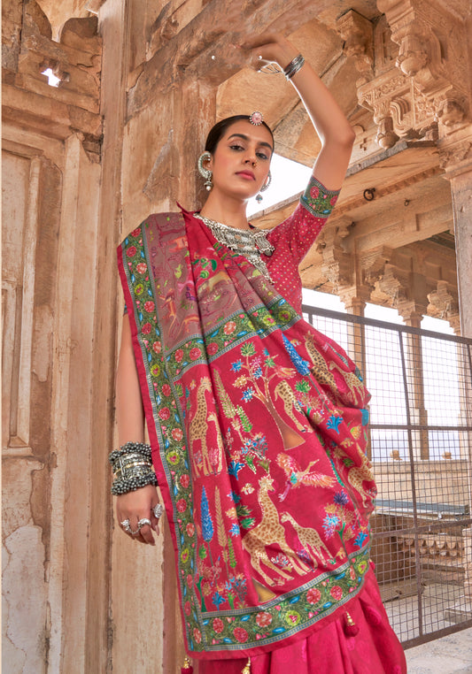 Dark Hot Pink Printed Silk Contemporary Saree