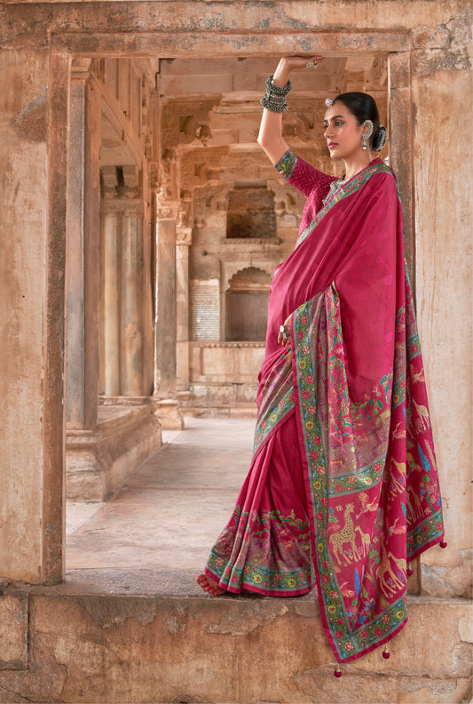 Dark Hot Pink Printed Silk Contemporary Saree