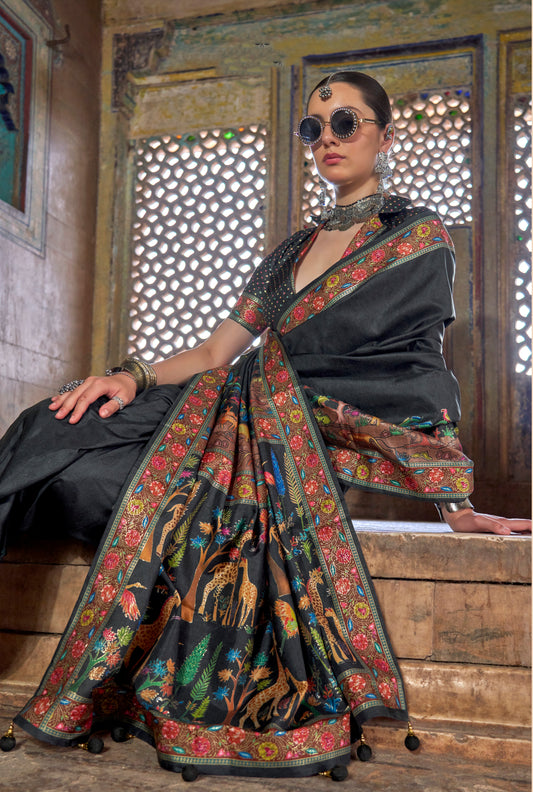 Black Printed Silk Contemporary Saree