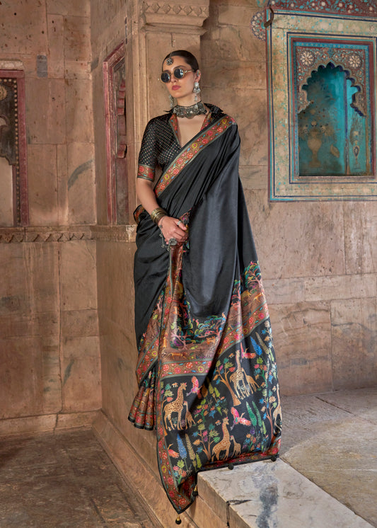 Black Printed Silk Contemporary Saree