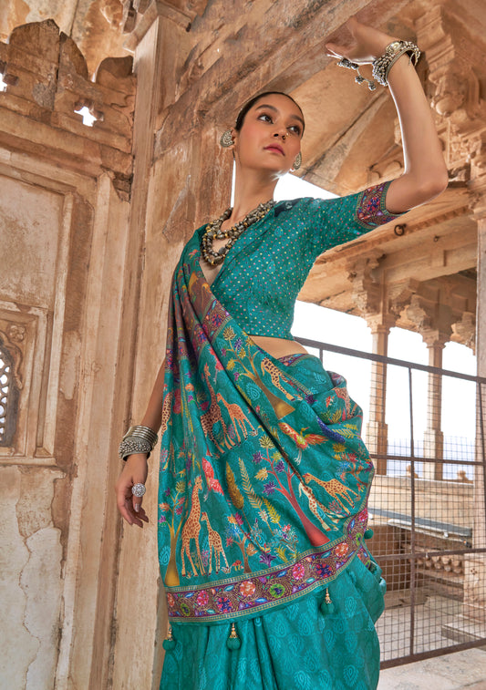 Turquoise Printed Silk Contemporary Saree