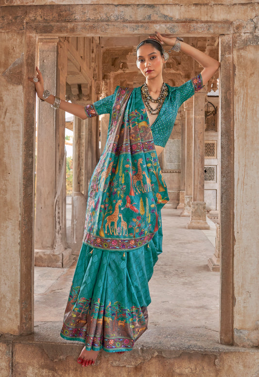 Turquoise Printed Silk Contemporary Saree