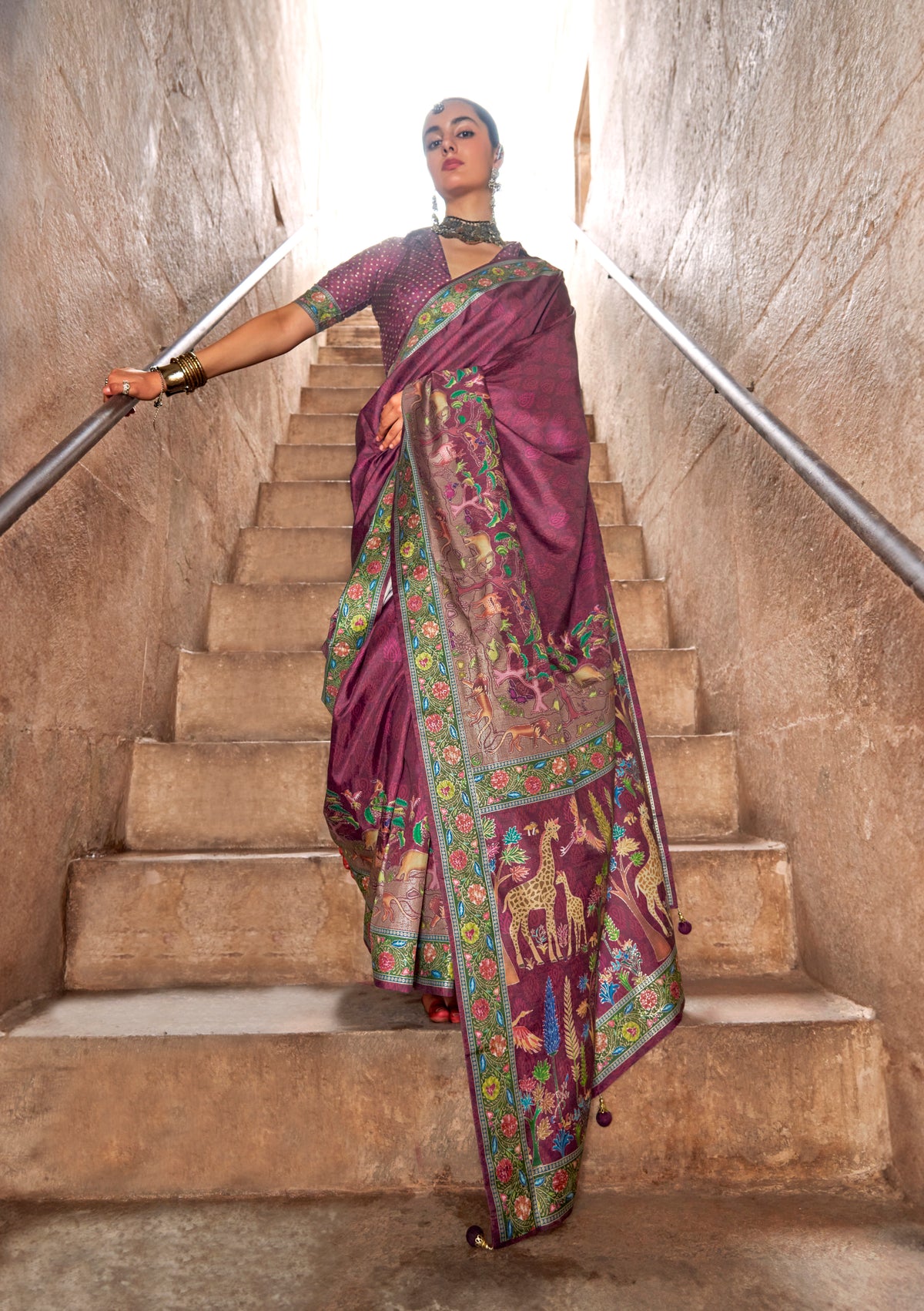 Purple Printed Silk Contemporary Saree