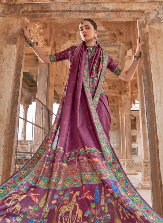 Purple Printed Silk Contemporary Saree