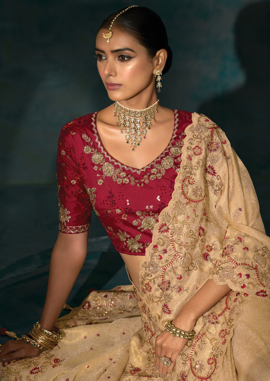 Beige Color Silk Blend Saree With Cutdana Moti and Mirror Heavy Work