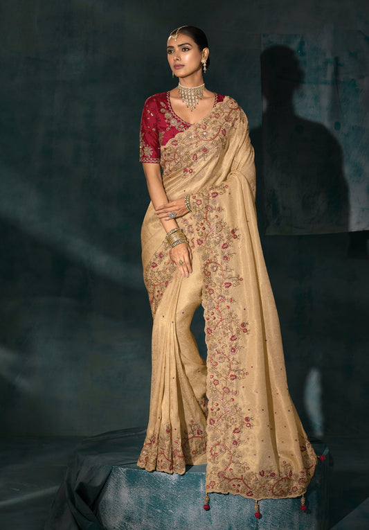 Beige Color Silk Blend Saree With Cutdana Moti and Mirror Heavy Work