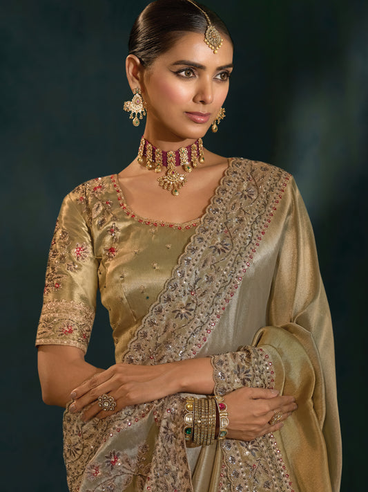 Grey Color Silk Blend Saree With Cutdana Moti and Mirror Heavy Work