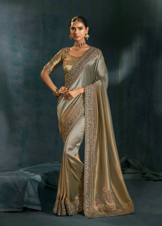 Grey Color Silk Blend Saree With Cutdana Moti and Mirror Heavy Work