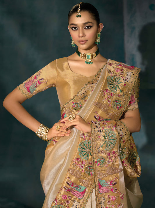 Cream Color Silk Blend Beautifull Border Saree With Cutdana Moti and Mirror Heavy Work
