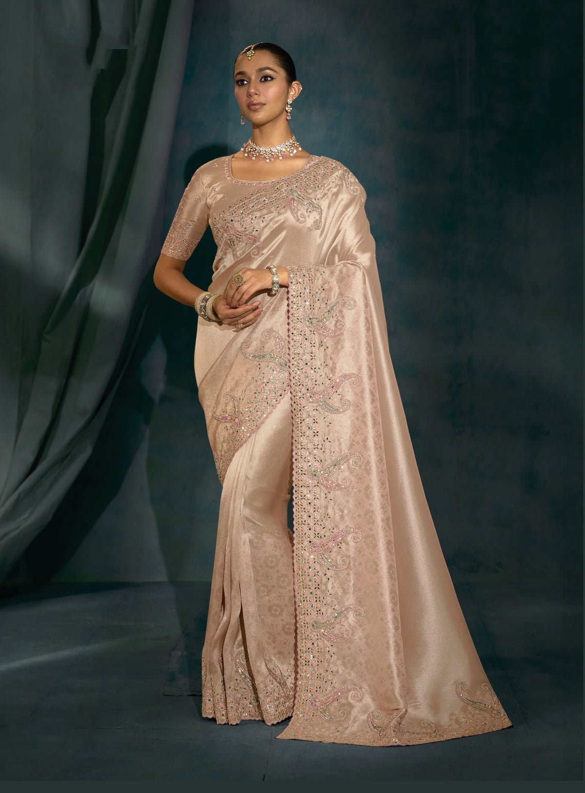 Light Peach Silk Beautifull Border Saree With Thread, Moti Zarkan Work