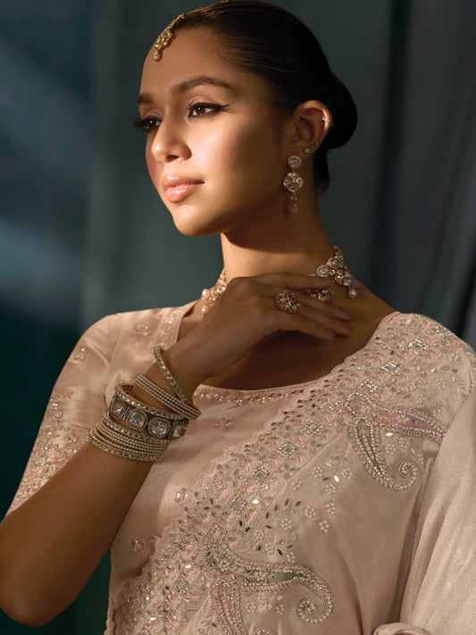 Light Peach Silk Beautifull Border Saree With Thread, Moti Zarkan Work