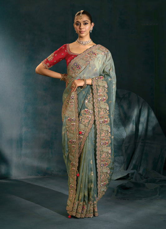 Grey Crepe Beautifull Border Saree With Cutdana Moti Zarkan Work