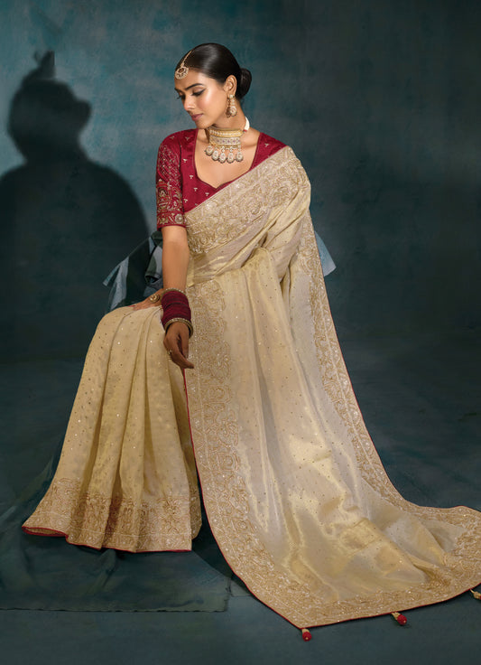 Cream Color Silk Blend Beautifull Border Saree With Cutdana Moti Zari Heavy Work