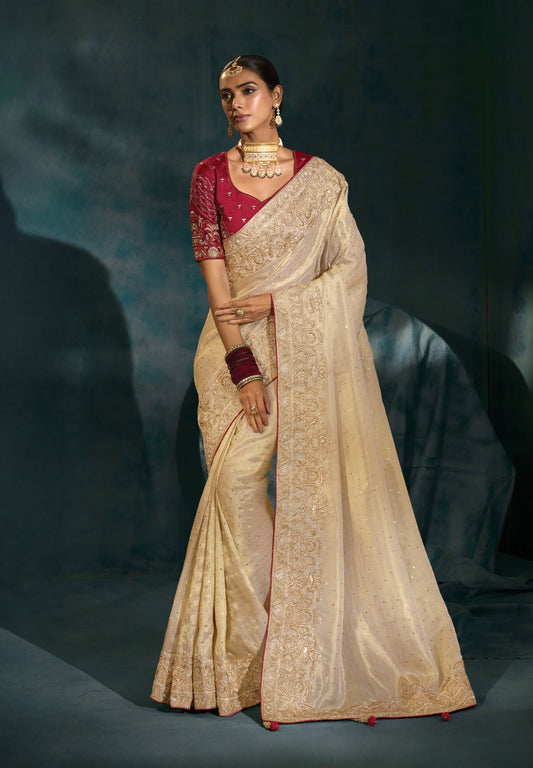 Cream Color Silk Blend Beautifull Border Saree With Cutdana Moti Zari Heavy Work