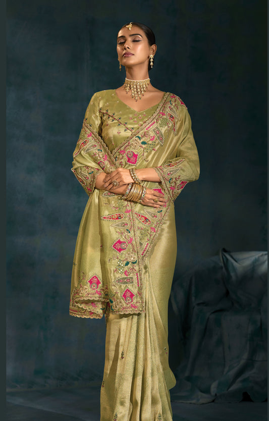 Olive Green Color Silk Blend Beautifull Border Saree With Cutdana Moti Zarkan Heavy Work