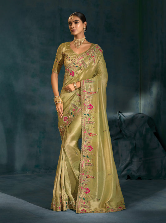 Olive Green Color Silk Blend Beautifull Border Saree With Cutdana Moti Zarkan Heavy Work