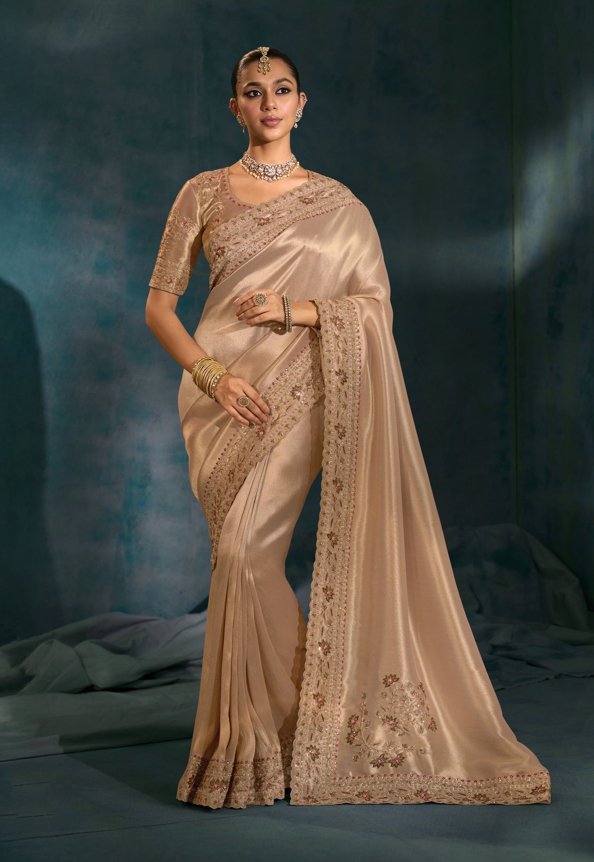 Beige Color Silk Blend Beautifull Border Saree With Cutdana Moti Jardoshi Heavy Work