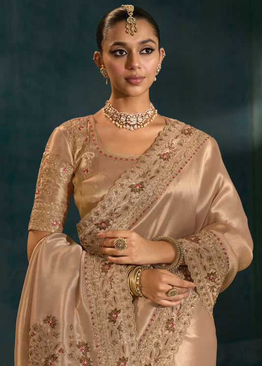 Beige Color Silk Blend Beautifull Border Saree With Cutdana Moti Jardoshi Heavy Work