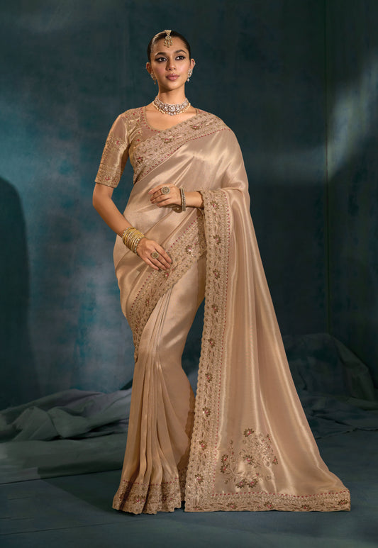 Beige Color Silk Blend Beautifull Border Saree With Cutdana Moti Jardoshi Heavy Work