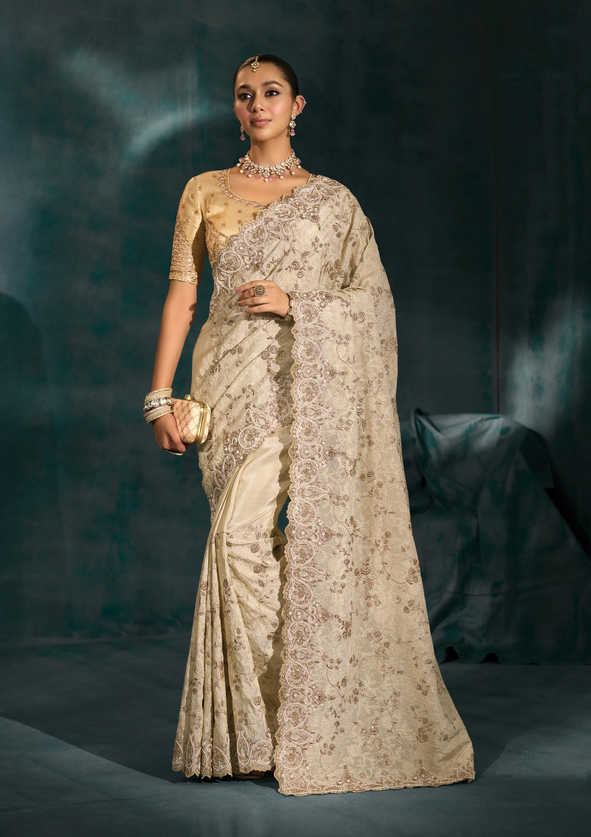 Cream Banarasi Silk Blend Saree With Lakhanvi and Zarkan Work