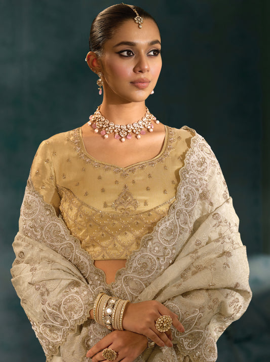 Cream Banarasi Silk Blend Saree With Lakhanvi and Zarkan Work