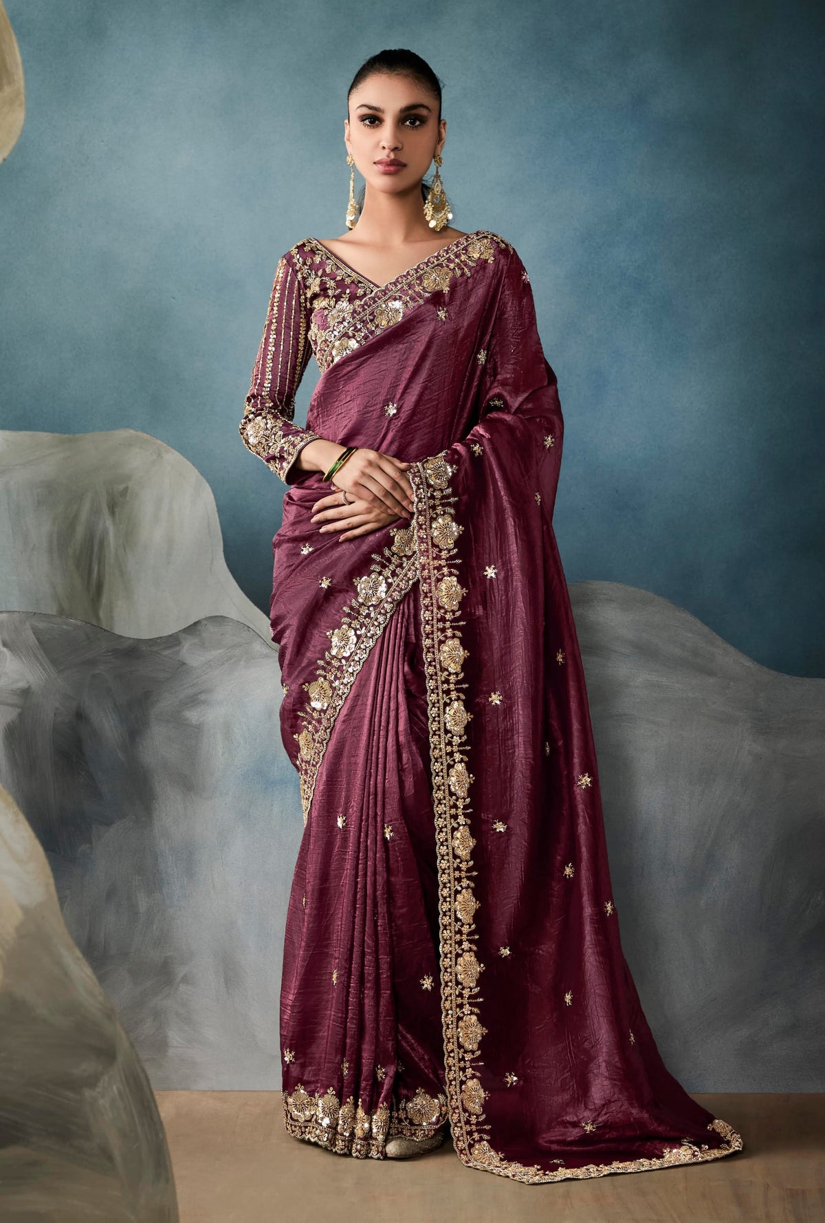 Wine tissue embroidered sequins and zari work saree