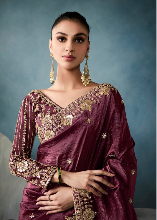 Wine tissue embroidered sequins and zari work saree