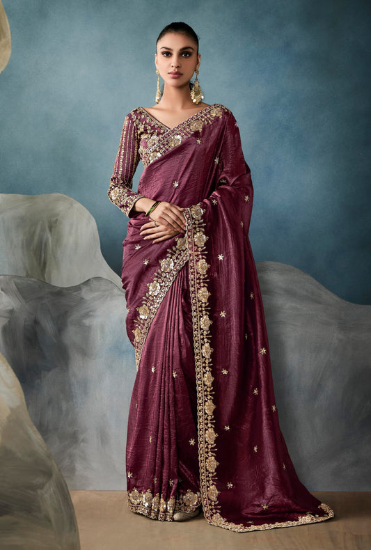 Wine tissue embroidered sequins and zari work saree