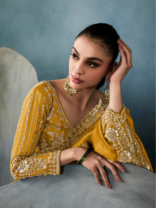 Mustard Tissue Embroidered Sequins and Zari Work Saree