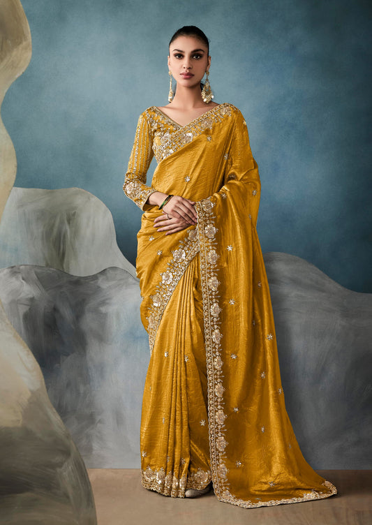 Mustard Tissue Embroidered Sequins and Zari Work Saree