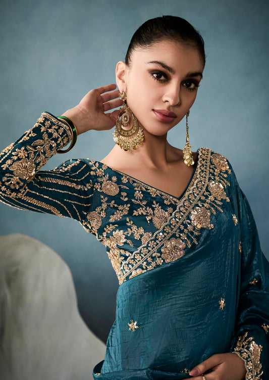 Teal Tissue Embroidered Sequins and Zari Work Saree