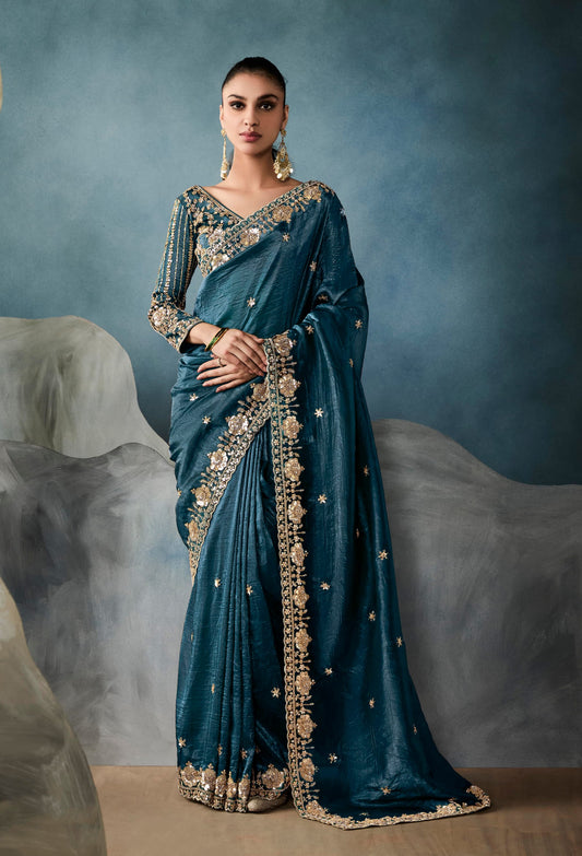 Teal Tissue Embroidered Sequins and Zari Work Saree