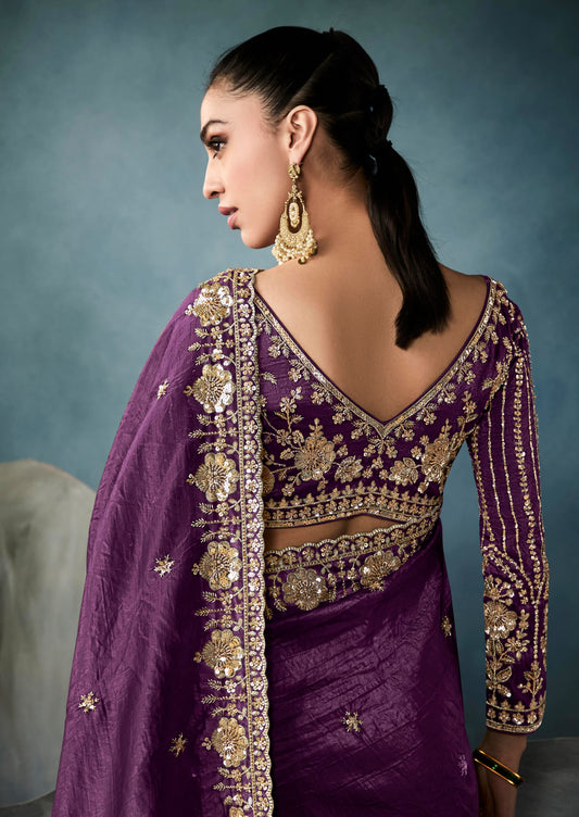 Purple Tissue Embroidered Sequins and Zari Work Saree