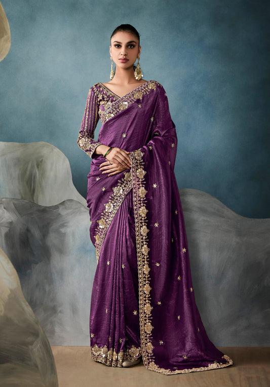 Purple Tissue Embroidered Sequins and Zari Work Saree