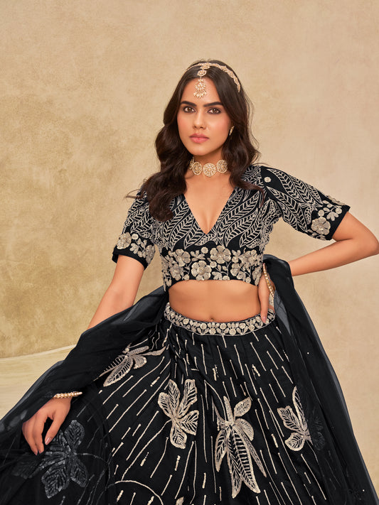 Black Embroidered Art Silk Reception Trendy Lehenga Choli