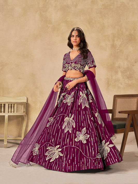Wine Embroidered Art Silk Reception Trendy Lehenga Choli