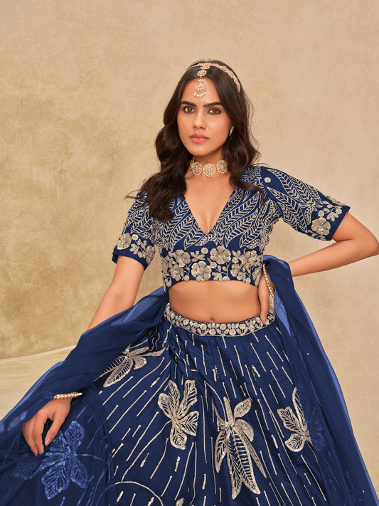 Navy Blue Embroidered Art Silk Reception Trendy Lehenga Choli