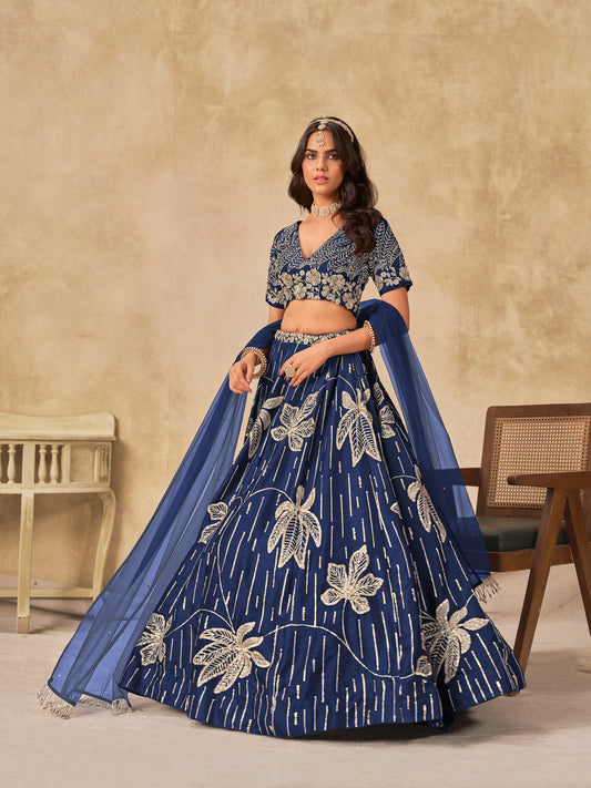 Navy Blue Embroidered Art Silk Reception Trendy Lehenga Choli