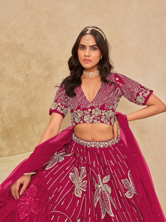 Hot Pink Embroidered Art Silk Reception Trendy Lehenga Choli
