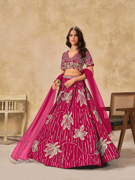 Hot Pink Embroidered Art Silk Reception Trendy Lehenga Choli